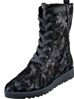 Teilweise mit Metallicfolie besetzter, blau schimmernder Schnürstiefel